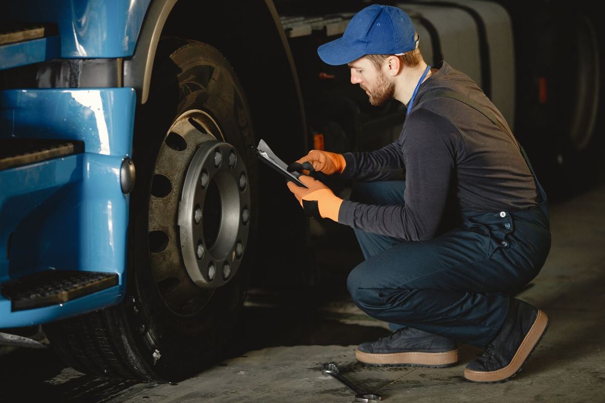 Mechanic crouching by a truck wheel while filling in an inspection sheet